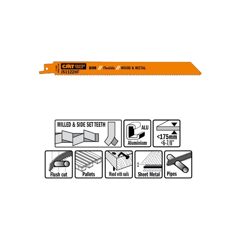 Пилки сабельные 5 штук для дерева и металла(BIM) 225x2,5x10TPI CMT JS1122HF-5