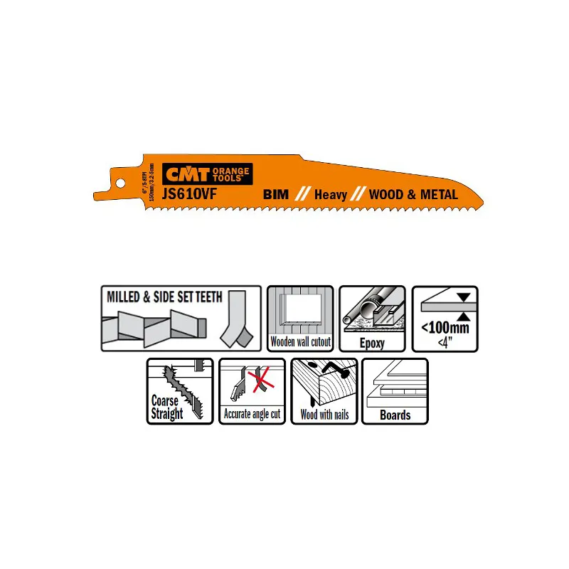 Пилки сабельные 5 штук для дерева и металла(BIM) 150x3,2-5x5-8TPI CMT JS610VF-5