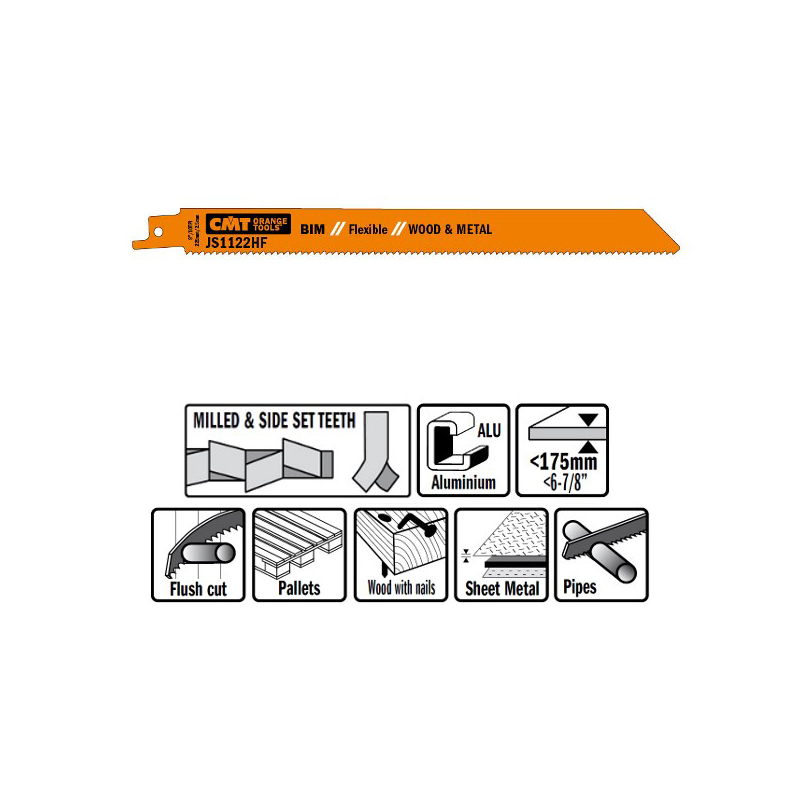 Пилки сабельные 5 штук  для  дерева и металла(BIM) 225x2,5x10TPI CMT JS1122HF-5