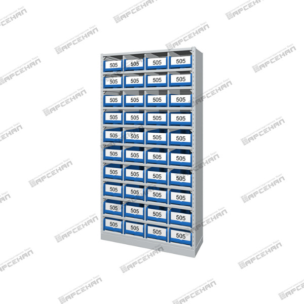 Модуль закрытый с 11полками и с 40 ячейками с пластиковыми ящиками