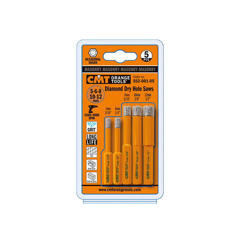 Комплект из 5 коронок DIA (D=5-6-8-10-12 мм) S=HEX DX CMT