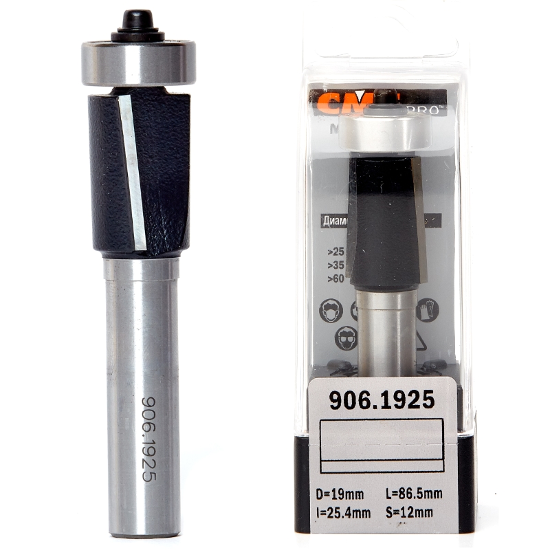 Фреза концевая CMT обгонная с подшипником D=19,0 I=25,4 S=12,0 L=86,5  CMT PRO 906.1925