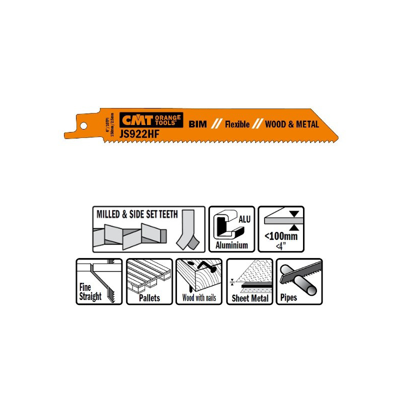 Пилки сабельные 5 штук  для  дерева и металла(BIM) 150x2,5x10TPI CMT JS922HF-5