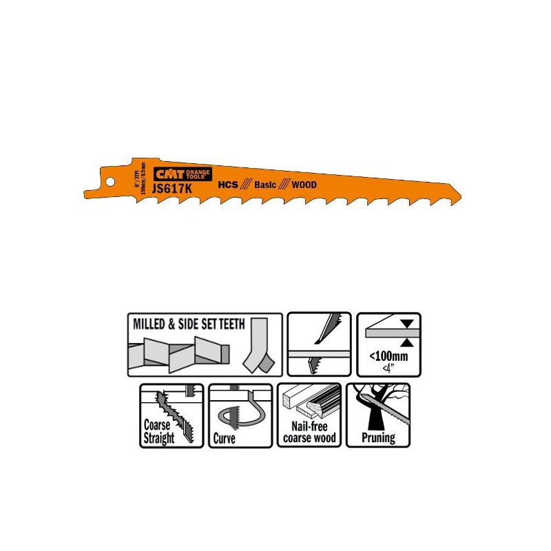 Пилки сабельные 5 штук  для  дерева  (HCS) 150x8,5x3TPI CMT JS617K-5