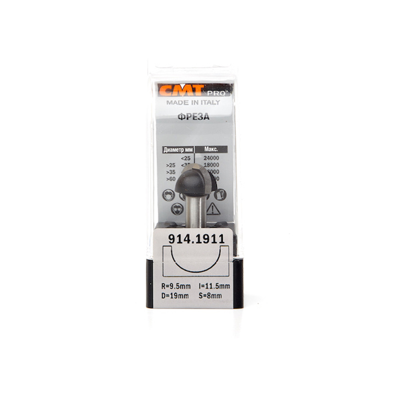 Фреза концевая CMT с радиусным торцом D=19,0 I=11,5 S=8,0 R=9,50  CMT PRO 914.1911