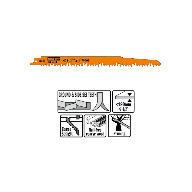 Пилки сабельные 5 штук  для  дерева  (HCS) 240x5x5TPI CMT JS1531L-5