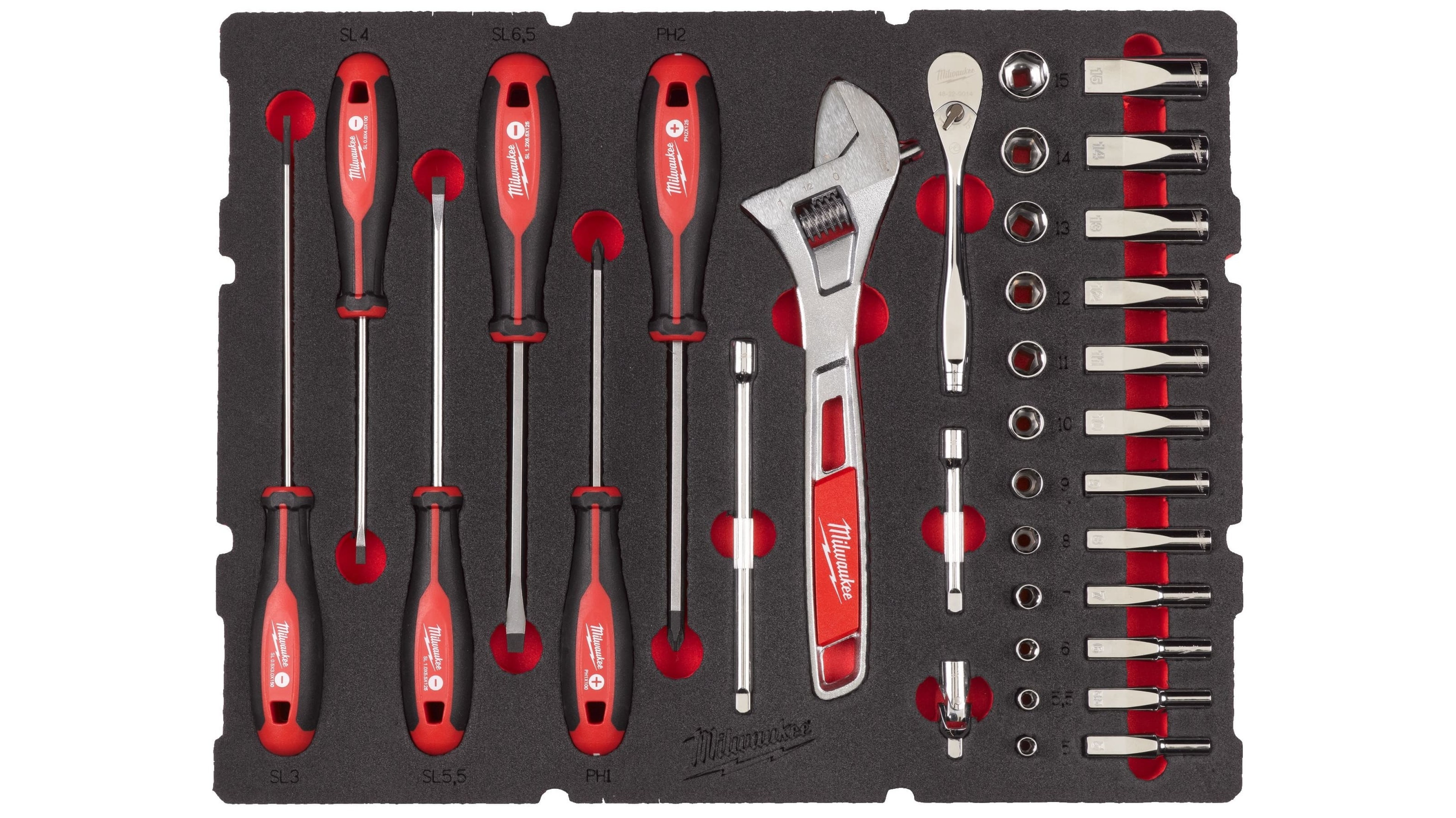 Набор торцевых головок 1/4 с трещоткой и шестигранных ключей Milwaukee для PACKOUT (35 шт)