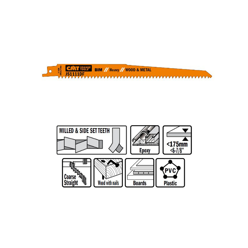 Пилки сабельные 5 штук  для  дерева и металла(BIM) 225x4,3x6TPI CMT JS1111DF-5
