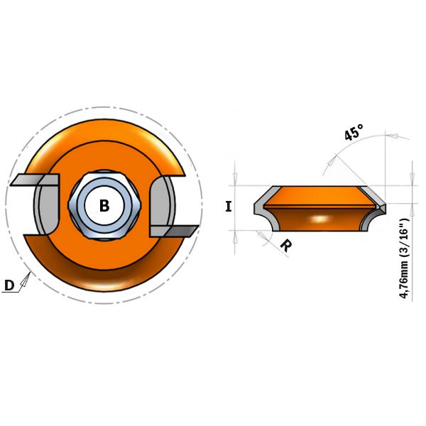 Фреза Z2  F=8 D=38X12,7  радиус R4,75 и фаска 45° CMT 822.030.11