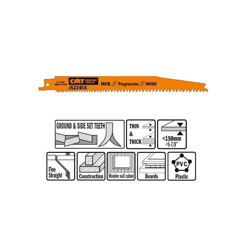 Пилки сабельные 5 штук  для  дерева  (HCS) 200x2,4-4x6-10TPI CMT JS2345X-5