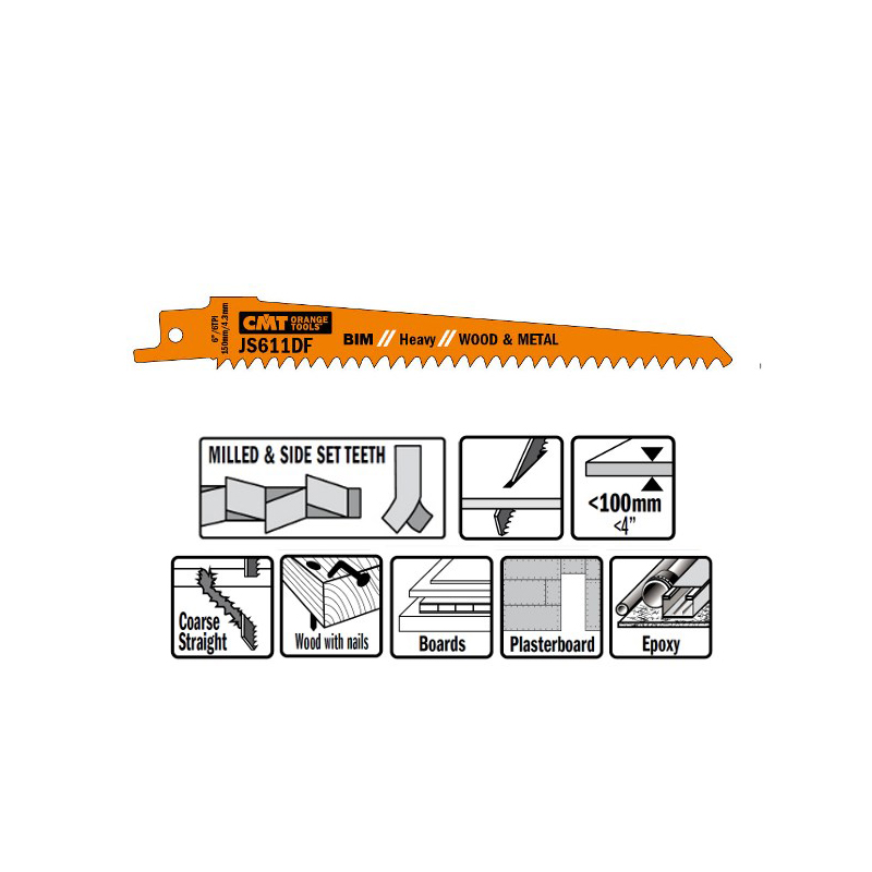 Пилки сабельные 5 штук  для  дерева и металла(BIM) 150x4,3x6TPI CMT JS611DF-5