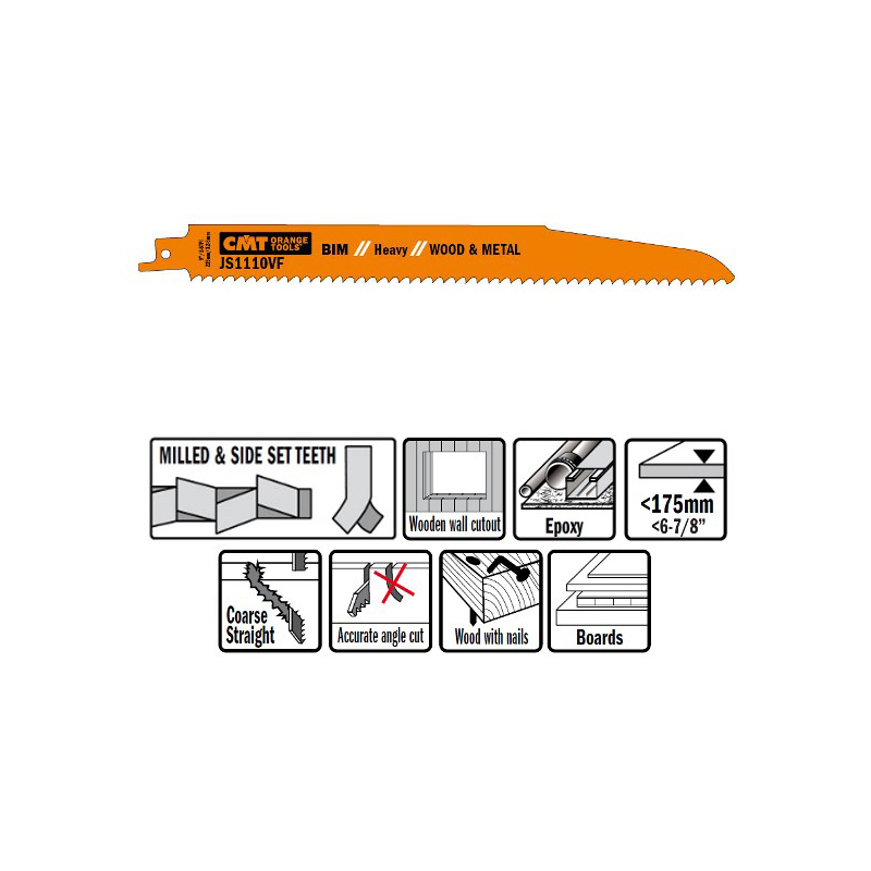 Пилки сабельные 5 штук  для  дерева и металла(BIM) 225x3,2-5x5-8TPI CMT JS1110VF-5