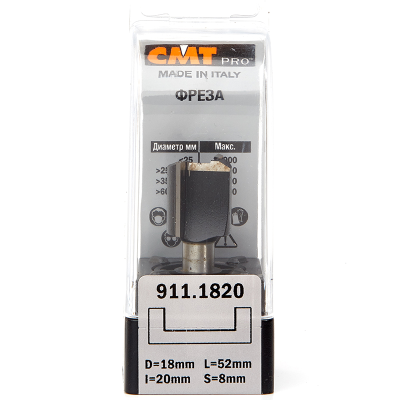 Фреза концевая CMT пазовая D=18,0 I=20,0 S=8,0 L=52,0  CMT PRO 911.1820