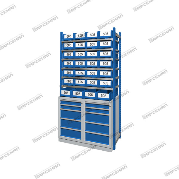Модуль комбинированный с 10 выдвижными ящиками и 6 полками в комплекте с 28 пластиковыми ящиками с фасадными панелями