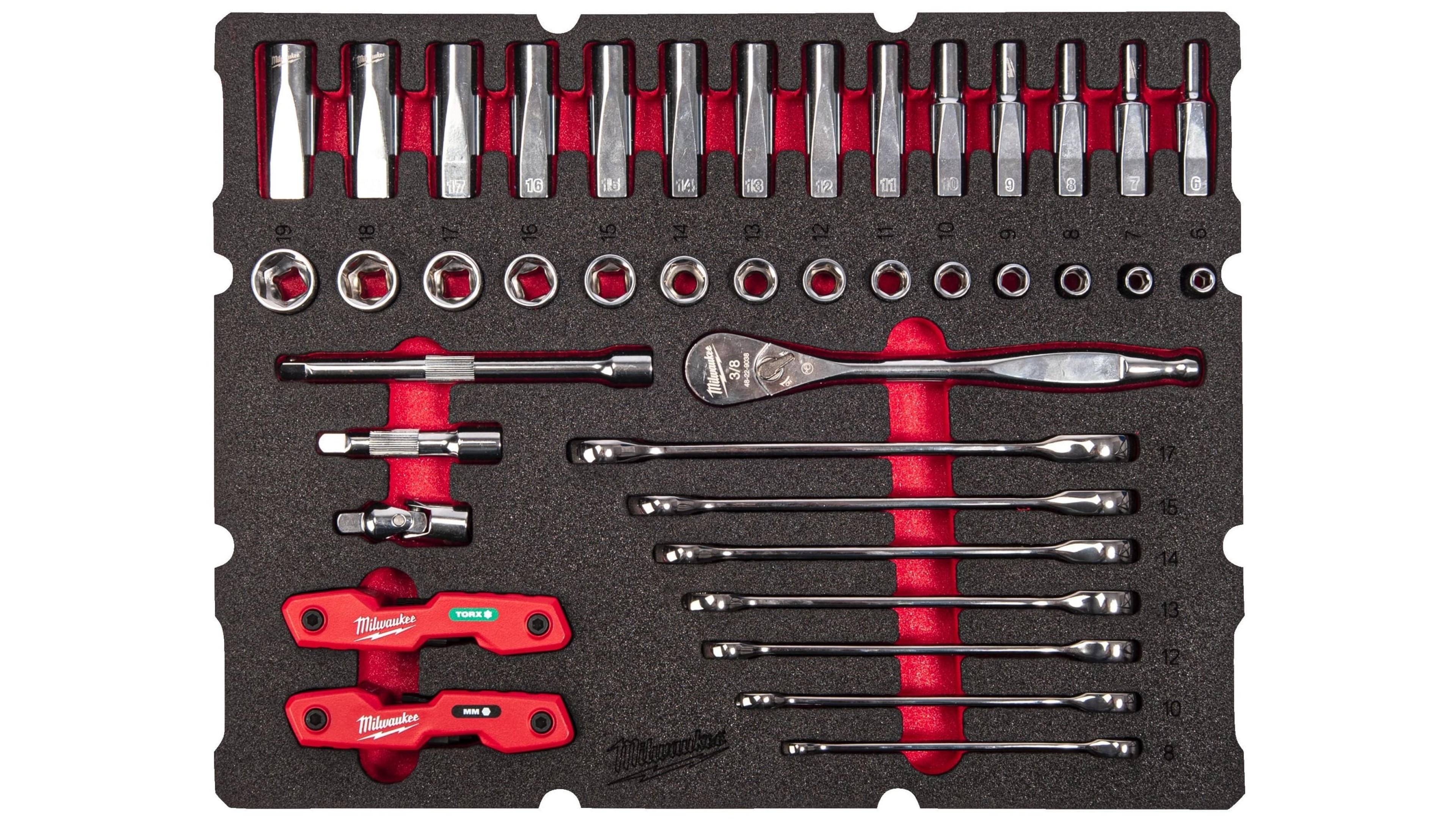 Головки 3/8'' с воротком с трещоткой с инструментом набор 55ед. в ложементе для PACKOUT Milwaukee