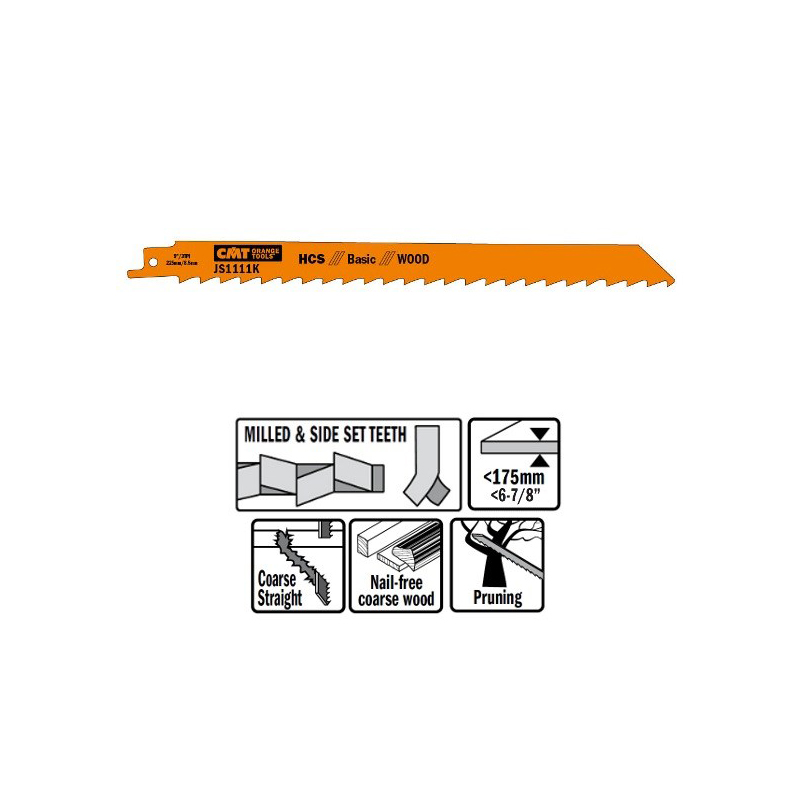 Пилки сабельные 5 штук  для  дерева  (HCS) 225x8,5x3TPI CMT JS1111K-5
