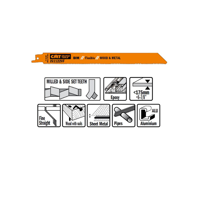 Пилки сабельные 5 штук  для  дерева и металла(BIM) 225x2,5x10TPI CMT JS1122VF-5