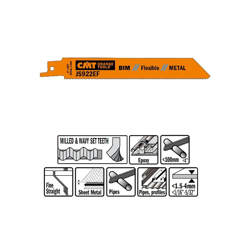 Пилки сабельные 5 штук  для  металла (BIM) 150x1,4x18TPI CMT JS922EF-5