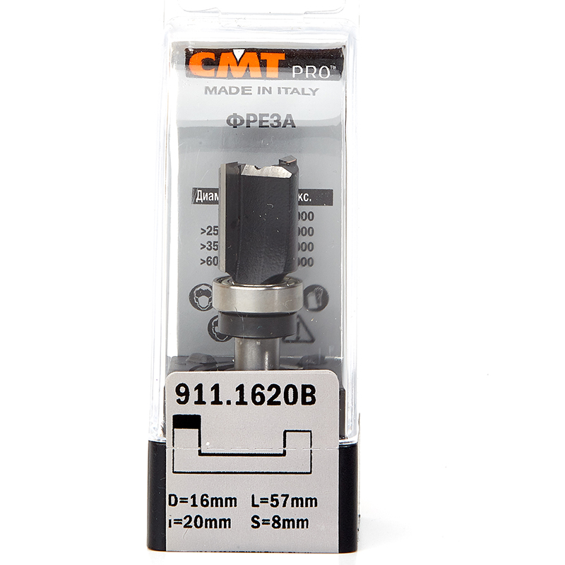Фреза концевая CMT обгонная с подшипником D=16,0 I=20,0 S=8,0 L=57,0  CMT PRO 911.1620B