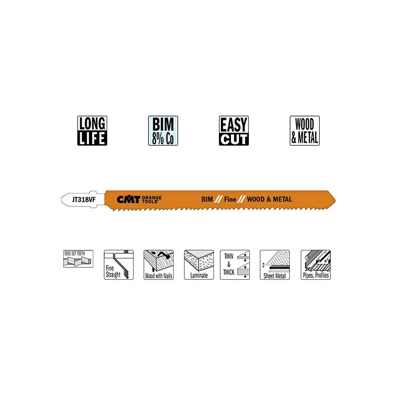 Пилки лобзиковые (BIM) 5 штук для дерева и металла 132x1.7-2.6x10-15TPI  CMT JT318VF-5