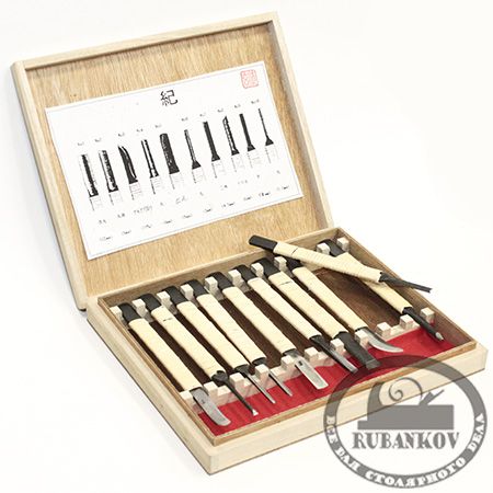 Набор японских резцов Kawakioy-Nori, 10штук (ротанговая обмотка, деревянный ящик)