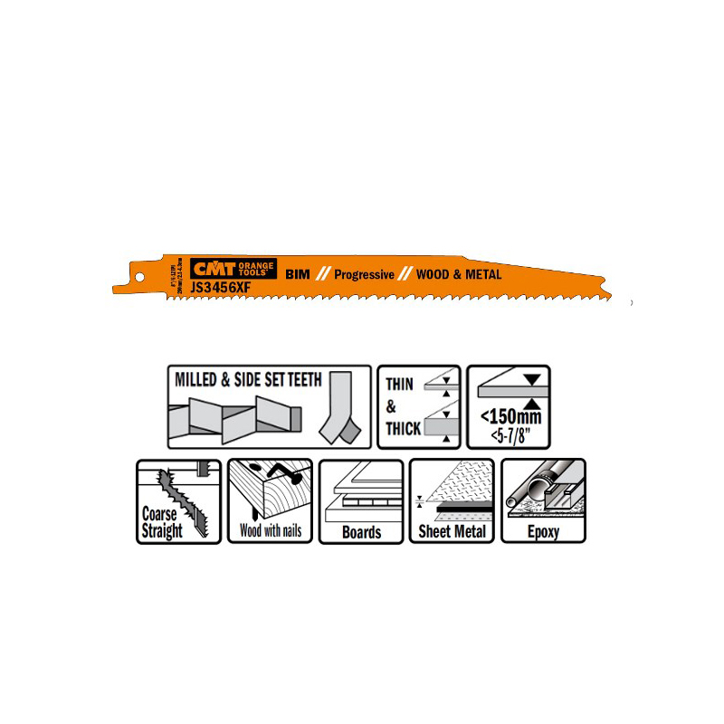 Пилки сабельные 5 штук  для  дерева и металла(BIM) 200x2,1-4,3x6-12TPI CMT JS3456XF-5