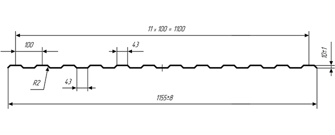Чертёж (габариты ) профлиста  СС-10   c полимерным покрытием