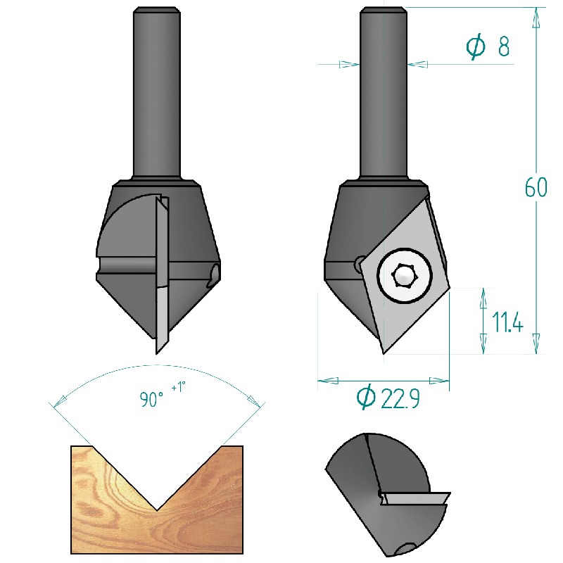 Гравировальная концевая фреза СМТ 665.200.11 с одним сменным поворотным твёрдосплавным ножом Z1