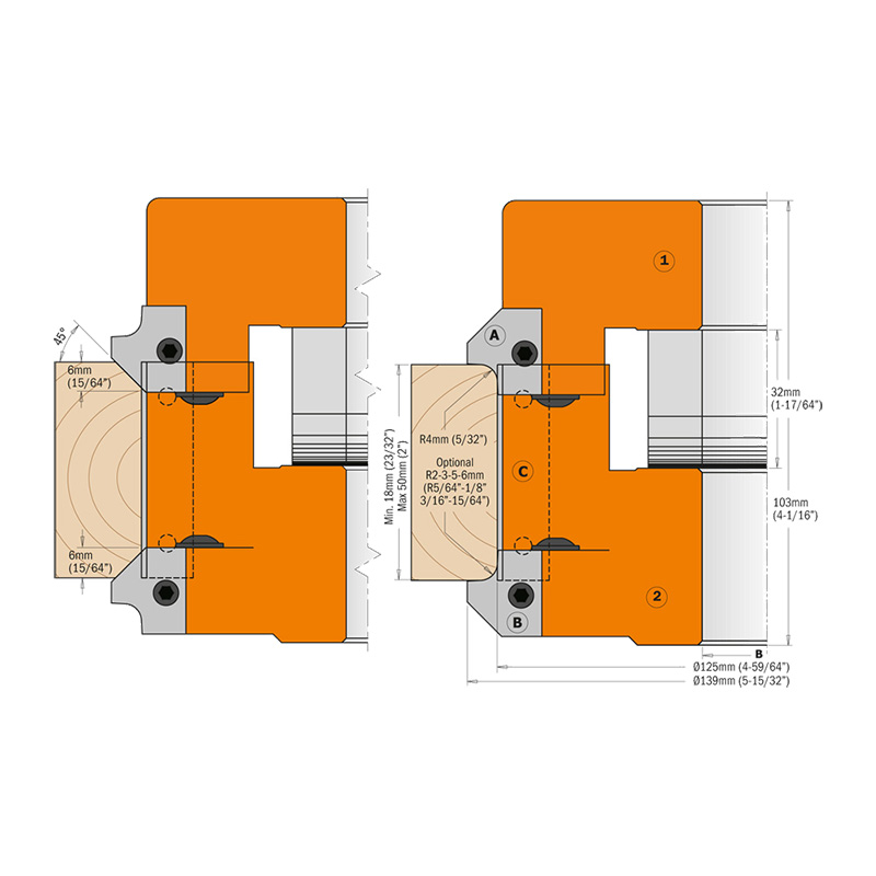 Фреза фасочная регулируемая F=35 D=124x15-50 насадная (алюм.) смен.ножи HM (кейс) CMT 694.005.35