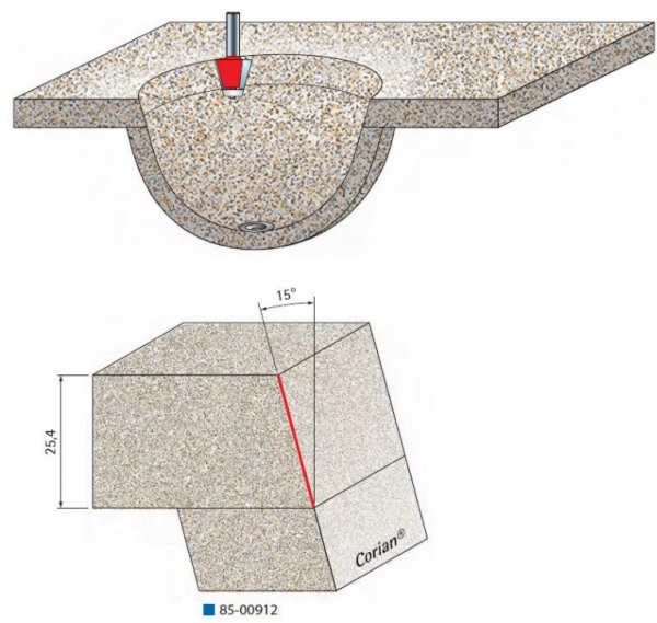Обрабатываемая поверхность Фреза 85-00912 по искусственному камню конусная 15 градус .(35.6*25.4*12) мм