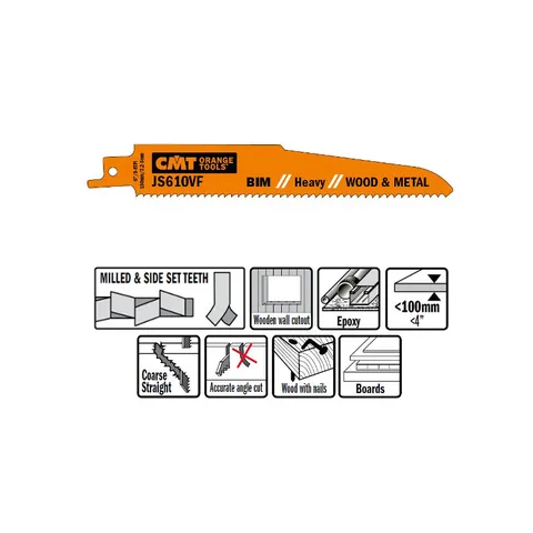 Пилки сабельные 5 штук для дерева и металла(BIM) 150x3,2-5x5-8TPI CMT JS610VF-5