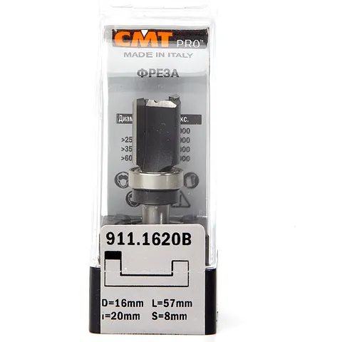 Фреза концевая CMT обгонная с подшипником D=16,0 I=20,0 S=8,0 L=57,0  CMT PRO 911.1620B