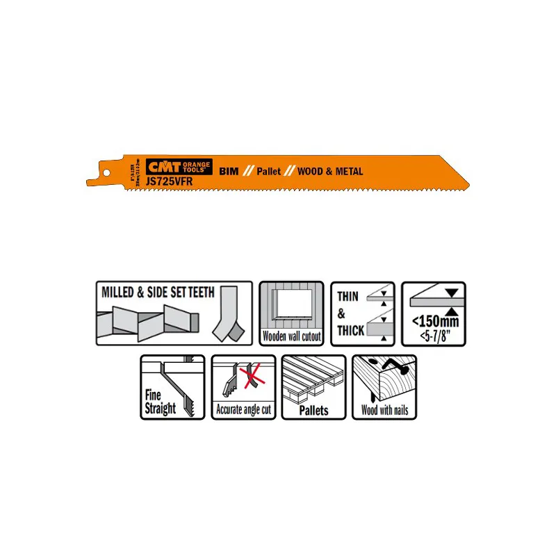Пилки сабельные 5 штук для дерева и металла(BIM) 200x2,1-3,2x8-12TPI CMT JS725VFR-5